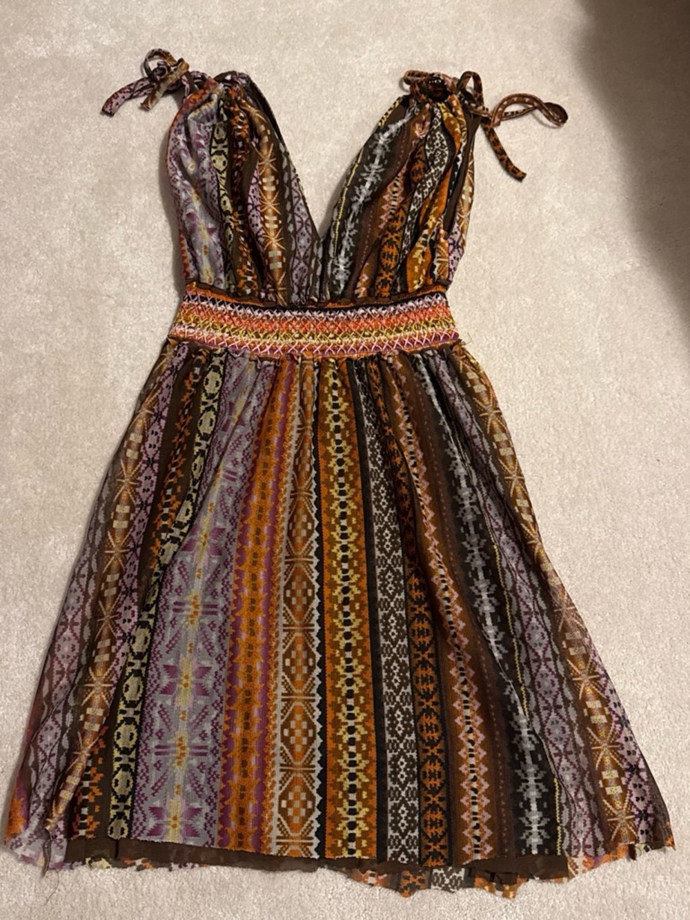 Line & Dot Brown Multicolor Printed Tie-Shoulder Mini Dress